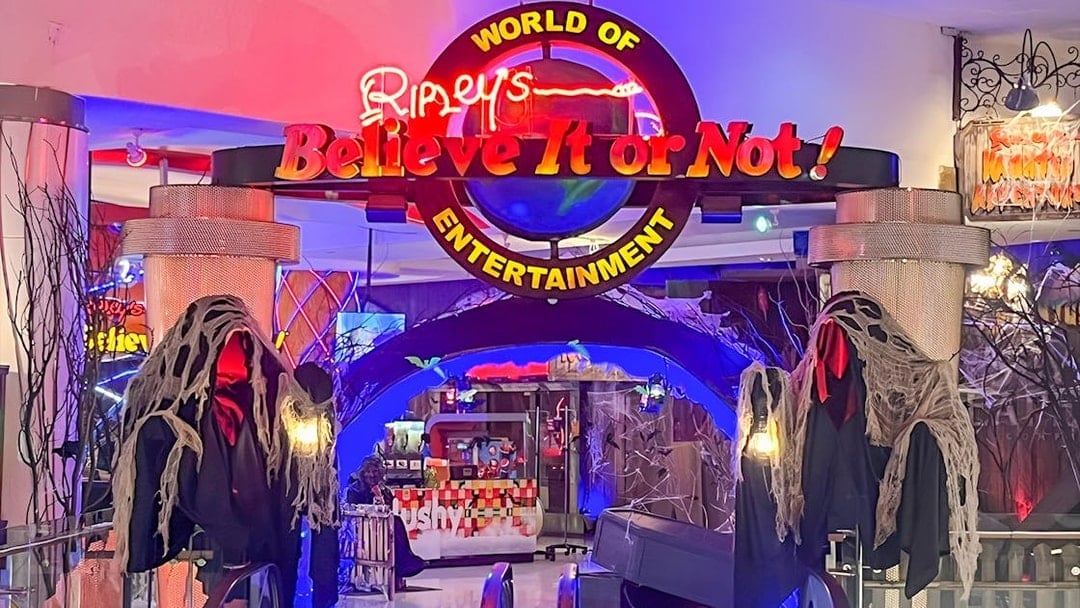 Ripley's Believe It Or Not! Museum entrance with neon sign and spooky decor.