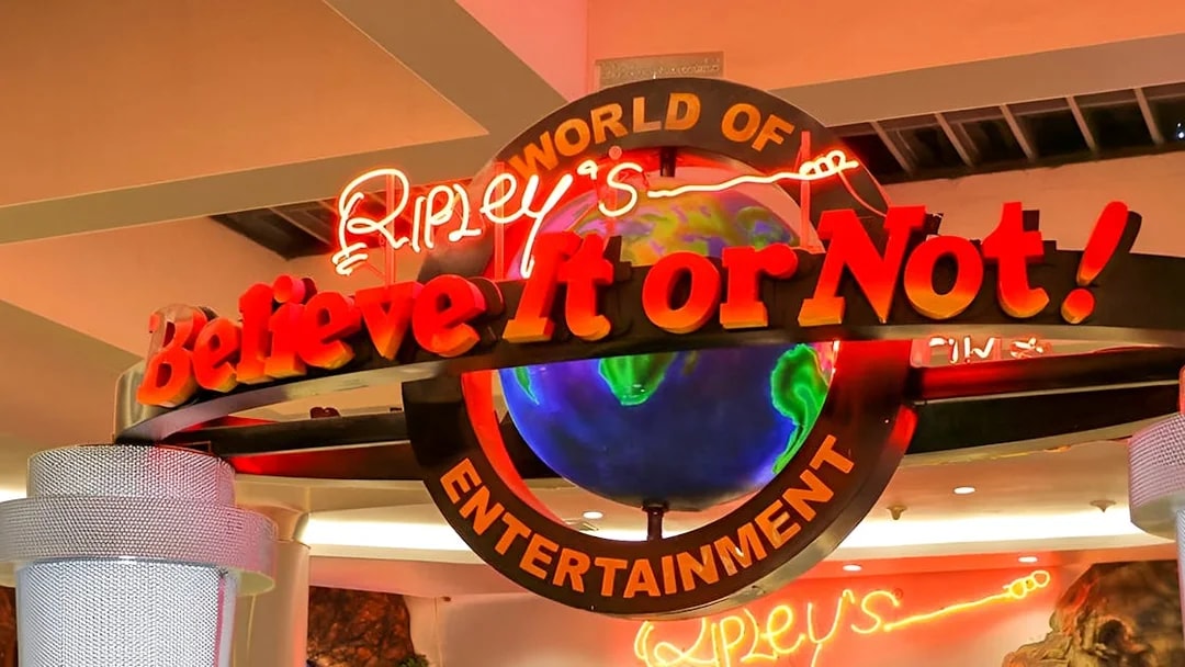 Ripley's Believe It Or Not! Museum entrance sign with neon lights and globe.