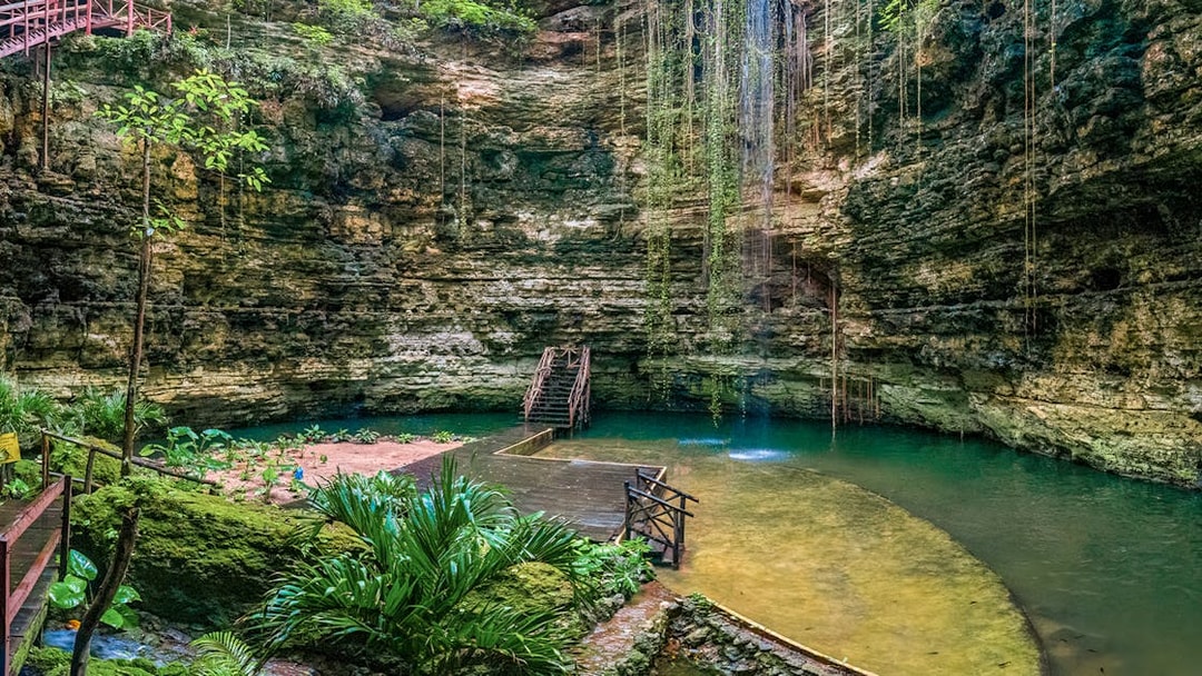 Chichikan cenote with wooden stairs and lush greenery in Valladolid, Yucatan, Mexico.