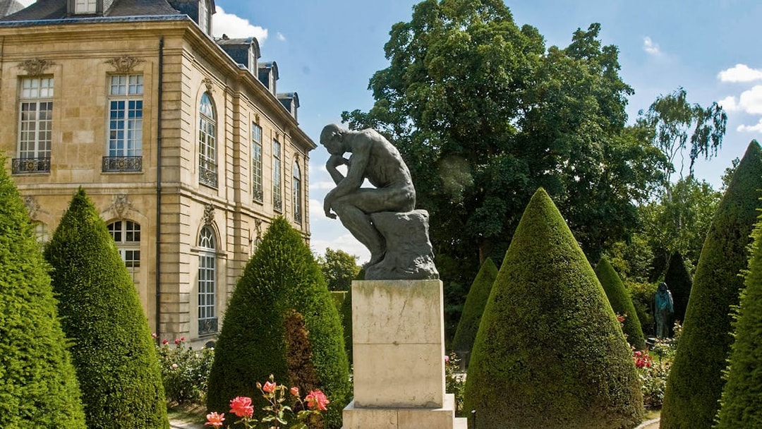 Rodin Museum garden with The Thinker sculpture in Paris, France.