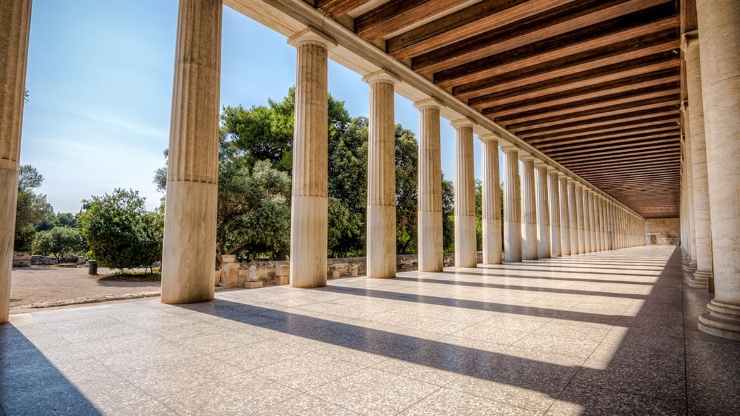 Columns at the Stoa of Attalos in the ancient Agora, Athens, Greece.