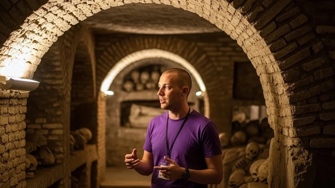 Guide explaining Roman catacombs with skulls and arches in the background.