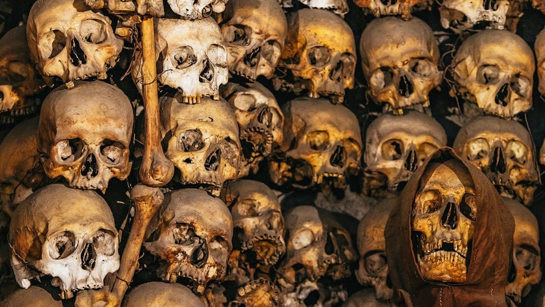 Skulls and bones in the Roman catacombs.