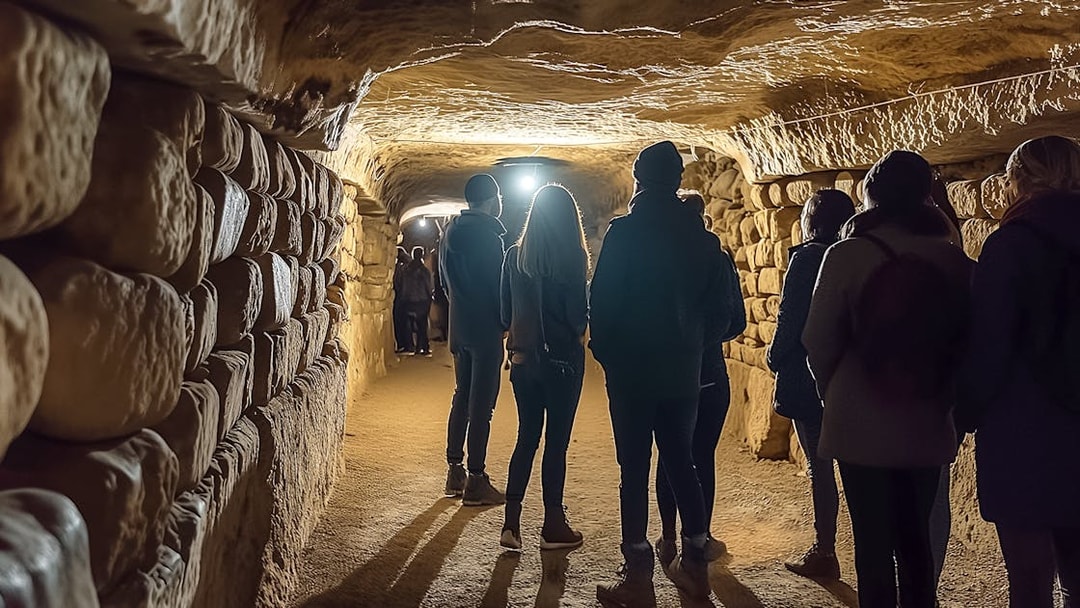 Tour group exploring catacombs with guide.