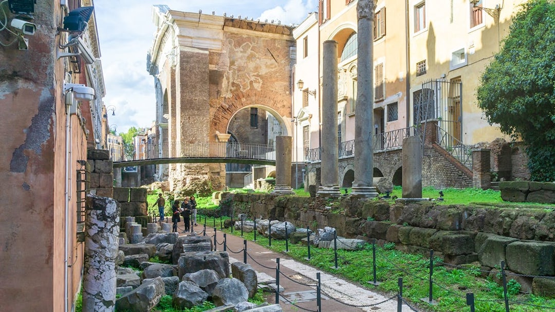 Theatre of Marcellus ruins with Portico of Octavia in the background, Rome, Italy.