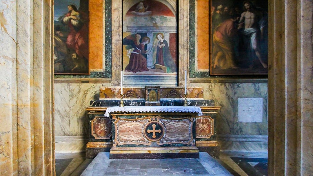Chapel of the Annunciation altar with religious artwork in the Pantheon, Rome.