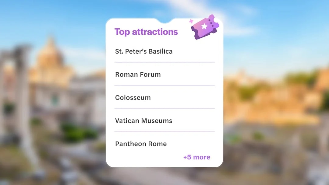 Top attractions in Rome: St. Peter’s Basilica, Roman Forum, Colosseum, Vatican Museums, Pantheon.