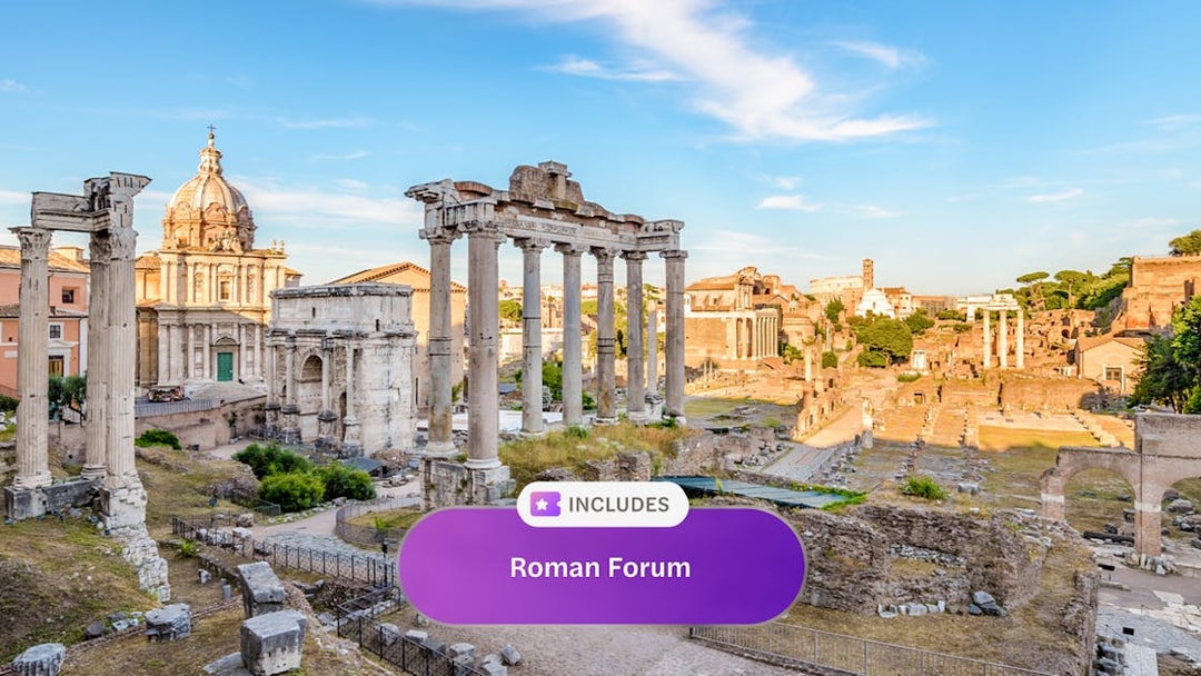 Roman Forum ruins with ancient columns and arches in Rome, Italy.