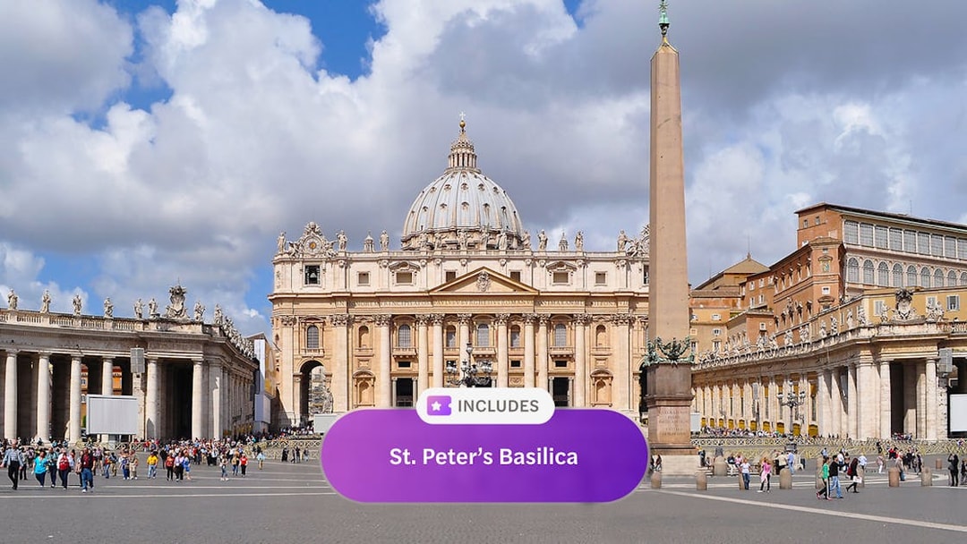 St. Peter's Basilica with obelisk in Vatican City, part of Roma Pass attractions.