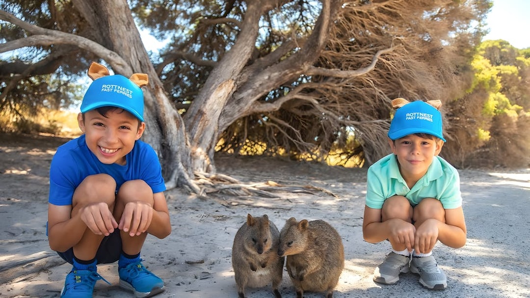 Children crouching near quokkas on Rottnest Island during a guided bus tour.