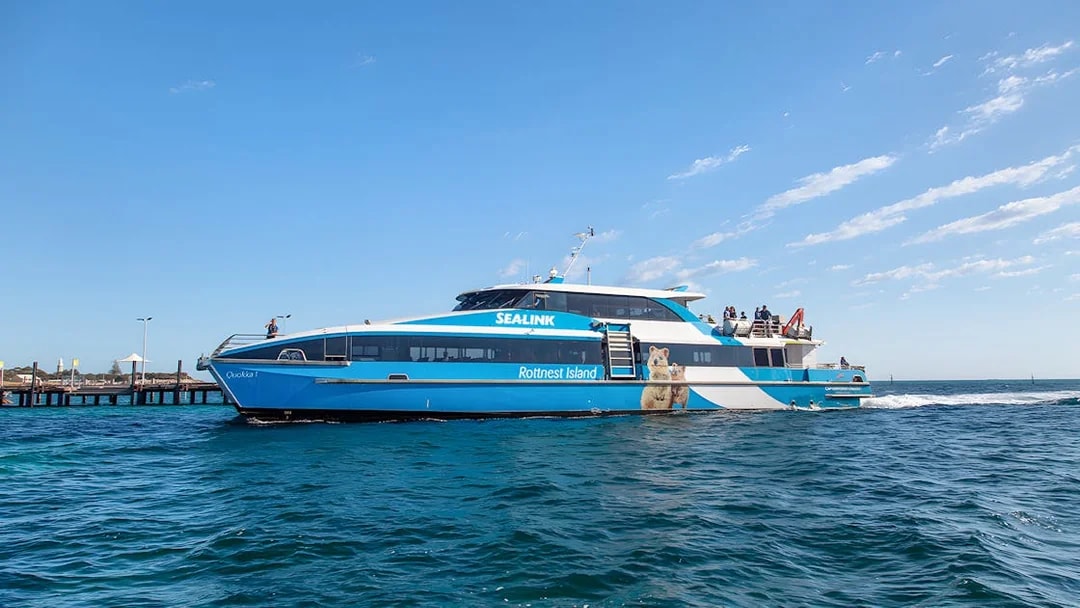 Ferry to Rottnest Island departing from Perth, with passengers on deck.
