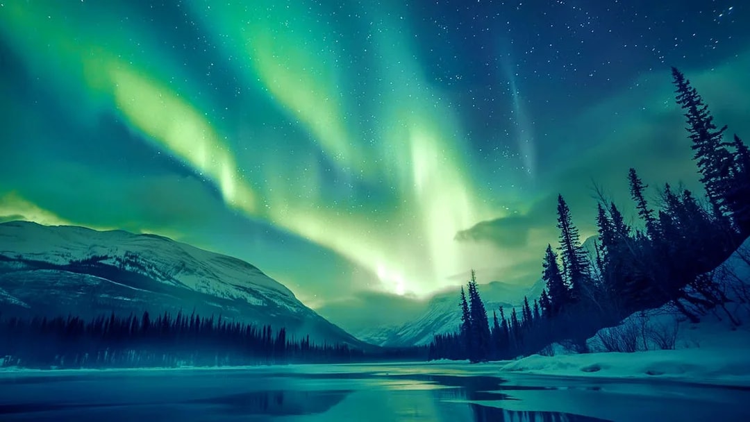 Northern Lights over snowy landscape in Rovaniemi, Finland.