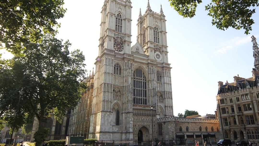 Westminster Abbey facade with twin towers in London.