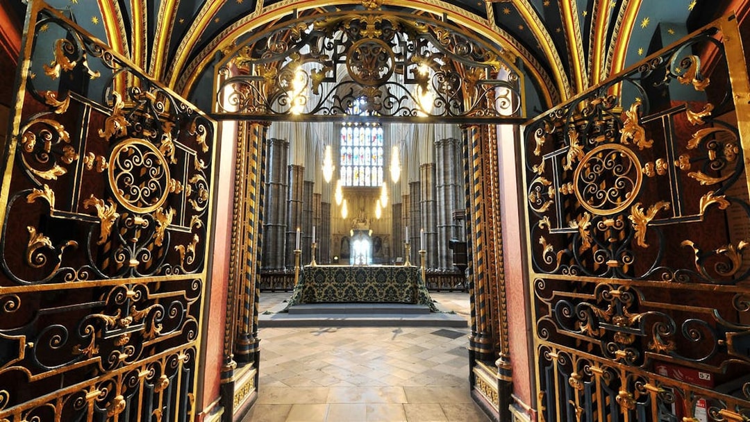 Westminster Abbey interior with ornate gate and altar, Royal London Tour.
