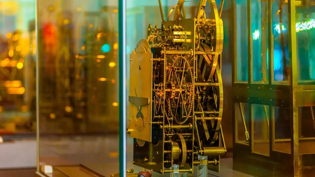 Antique clock mechanism at Royal Observatory Greenwich.