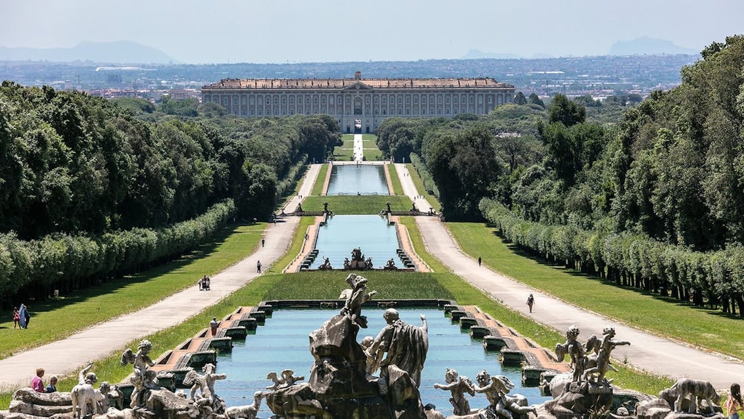Fountains and gardens at Royal Palace of Caserta, Naples, Italy.