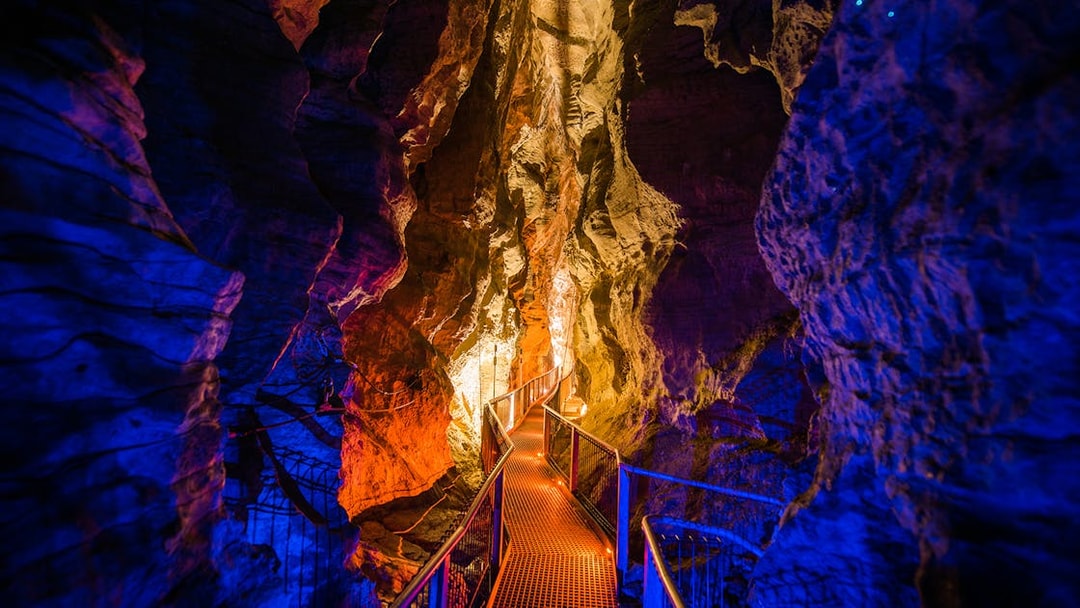 Walkway through illuminated Ruakuri Cave, New Zealand, showcasing rock formations.