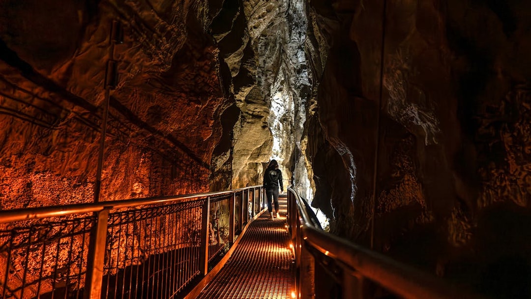 Person walking on a lit pathway inside Ruakuri Cave, New Zealand.