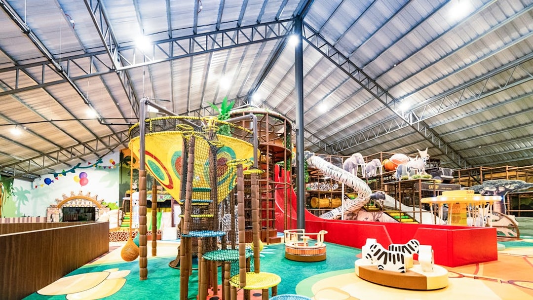 Indoor safari-themed playland with climbing structures and animal figures.