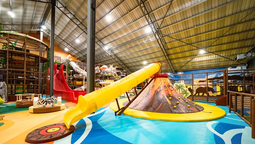 Indoor safari playland with a yellow slide and animal-themed decor.
