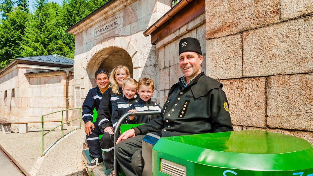 Salzburg salt mine tour group on train at entrance.