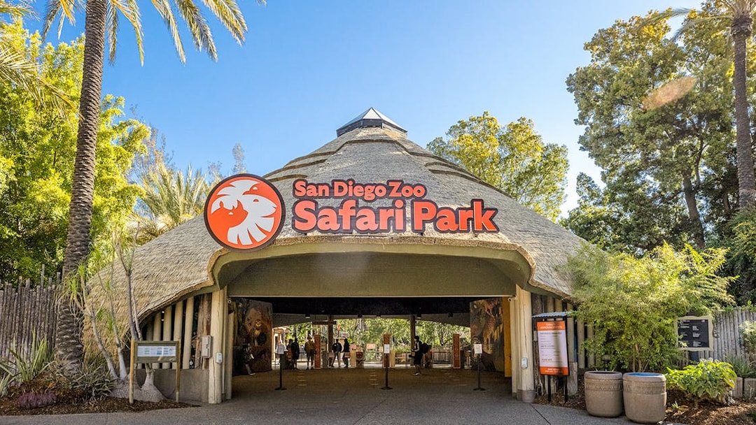 Entrance to San Diego Zoo Safari Park with visitors entering.