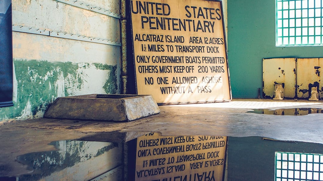 Alcatraz prison signage detailing access rules, San Francisco, California.