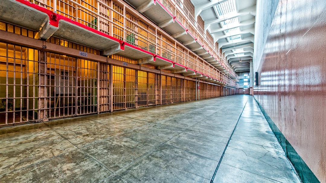 Alcatraz Island prison cell block interior, California.