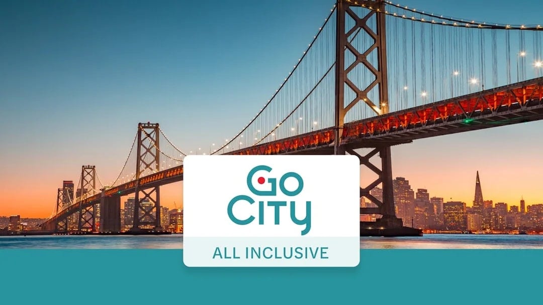 San Francisco skyline and bridge at sunset with Go City All-Inclusive Pass logo.