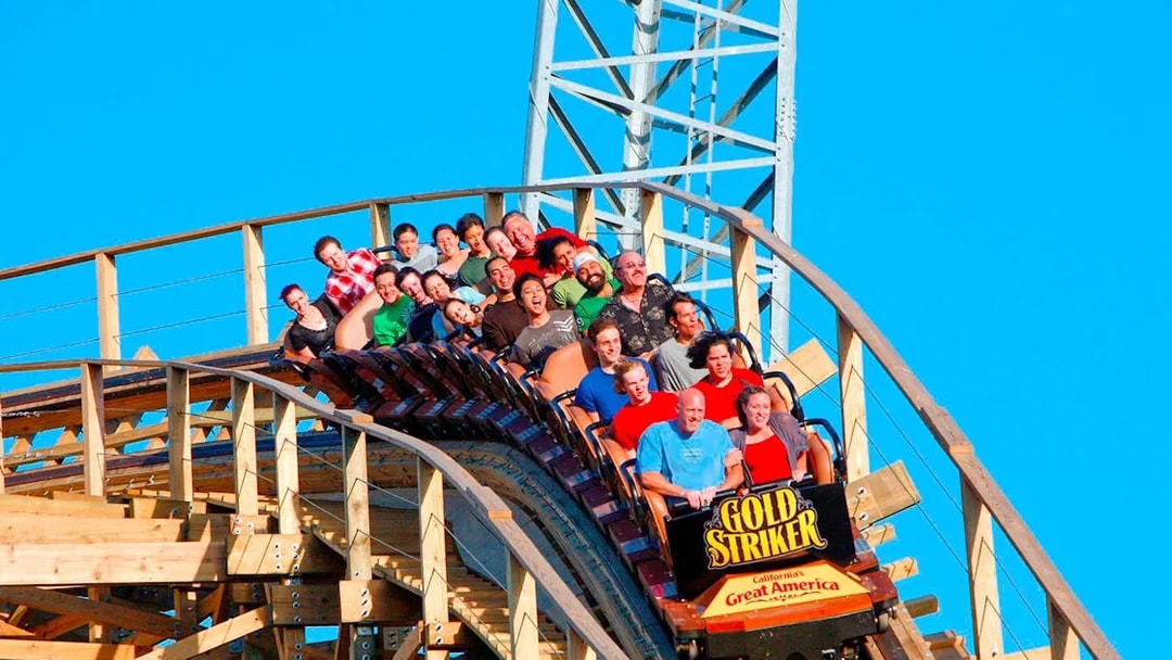 Roller coaster ride at California's Great America, part of San Francisco Explorer Pass attractions.