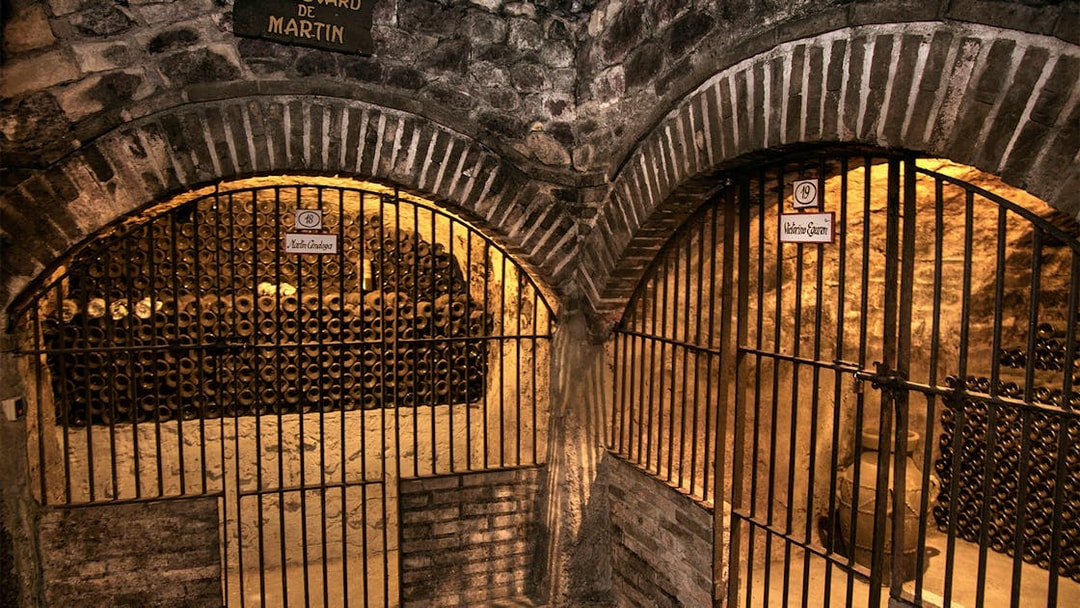 Wine cellar with stacked bottles behind iron gates at a Rioja winery during a guided tour from San Sebastian.