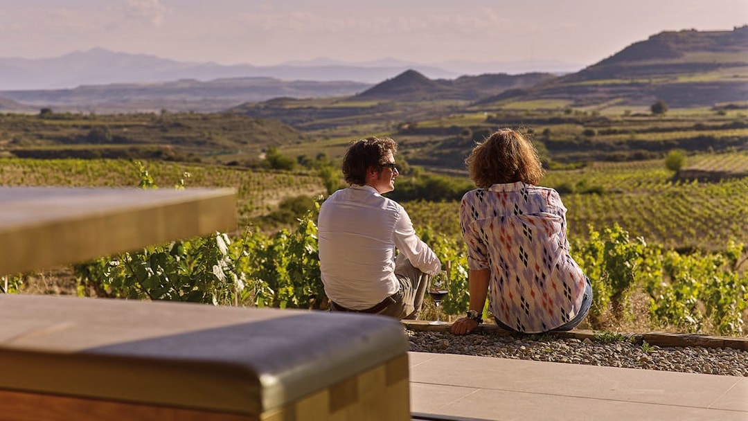 Couple enjoying vineyard view during Rioja winery tour from San Sebastian.