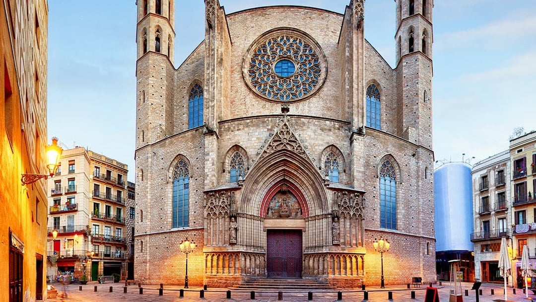 Santa Maria del Mar facade in Barcelona, showcasing Gothic architecture.