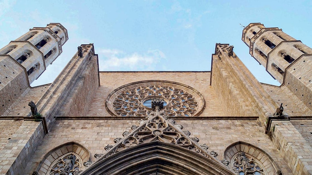 Santa Maria del Mar facade with rose window and towers, Barcelona.