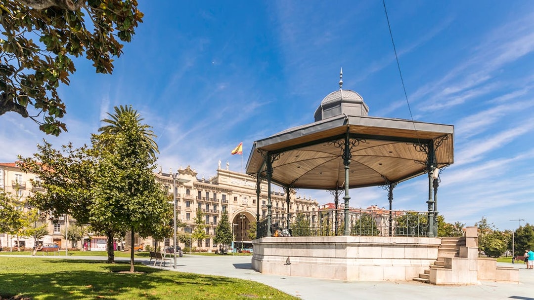 Santander city square with a gazebo and historic buildings in the background.