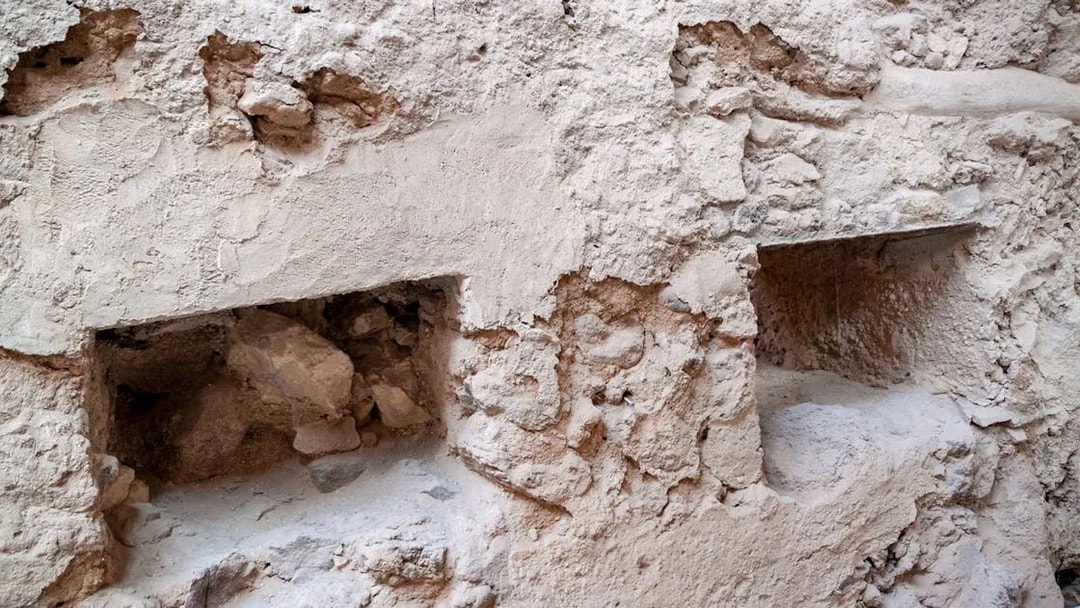 Ancient wall structure at Akrotiri Archaeological Site, Santorini.