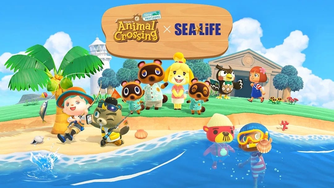 Animal Crossing characters enjoying a beach scene with Sea Life collaboration.
