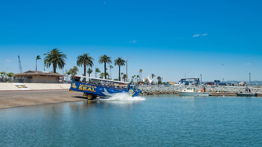 Amphibious vehicle entering water on San Diego SEAL Tour with palm trees in background.