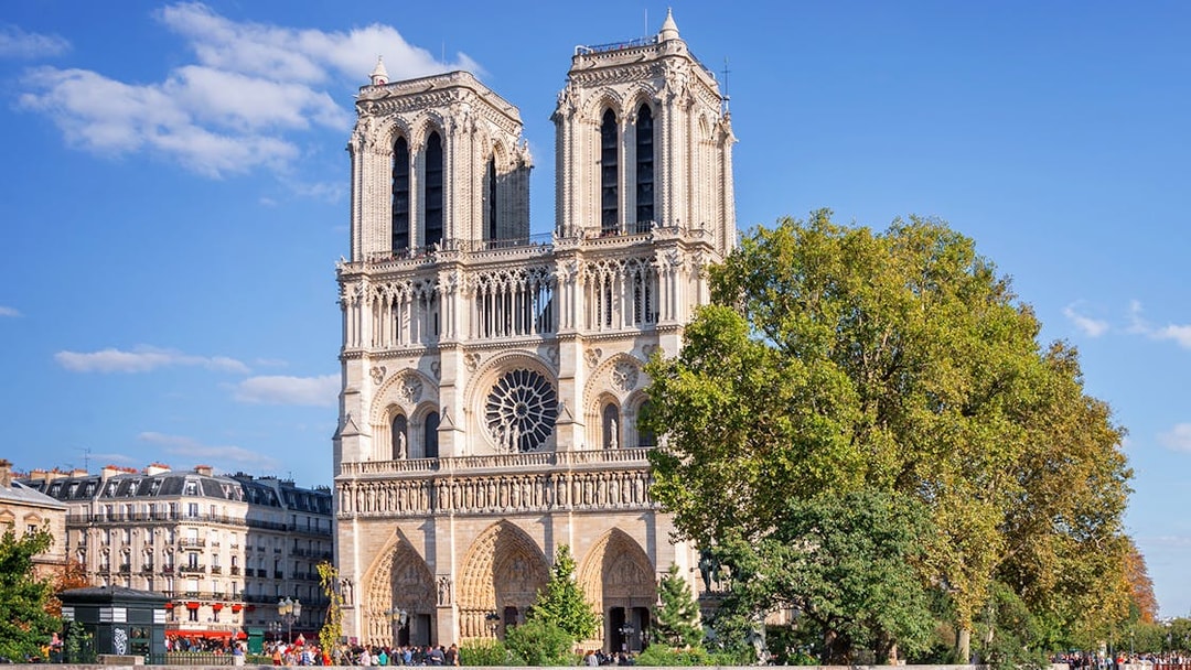 Notre-Dame Cathedral viewed from the Seine River during a sightseeing cruise in Paris.