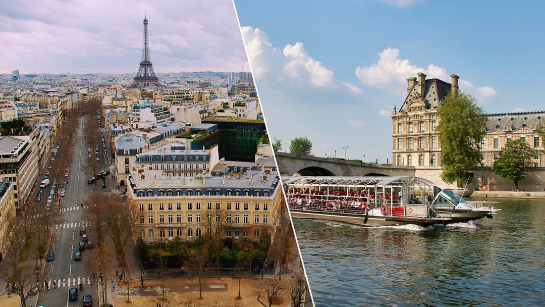 Seine River cruise boat near Louvre Museum and aerial view of Paris with Eiffel Tower.