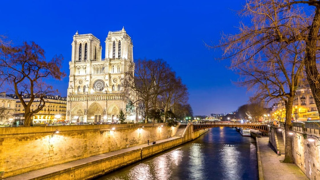 Notre-Dame Cathedral illuminated at night by the Seine River in Paris.