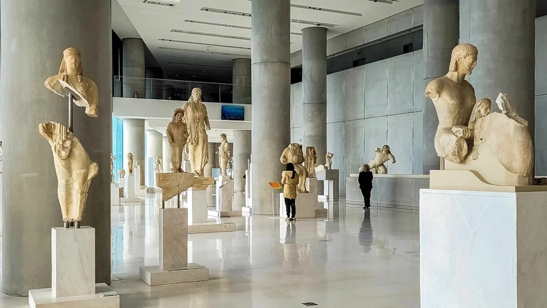 Ancient sculptures displayed in the Acropolis Museum, Athens.