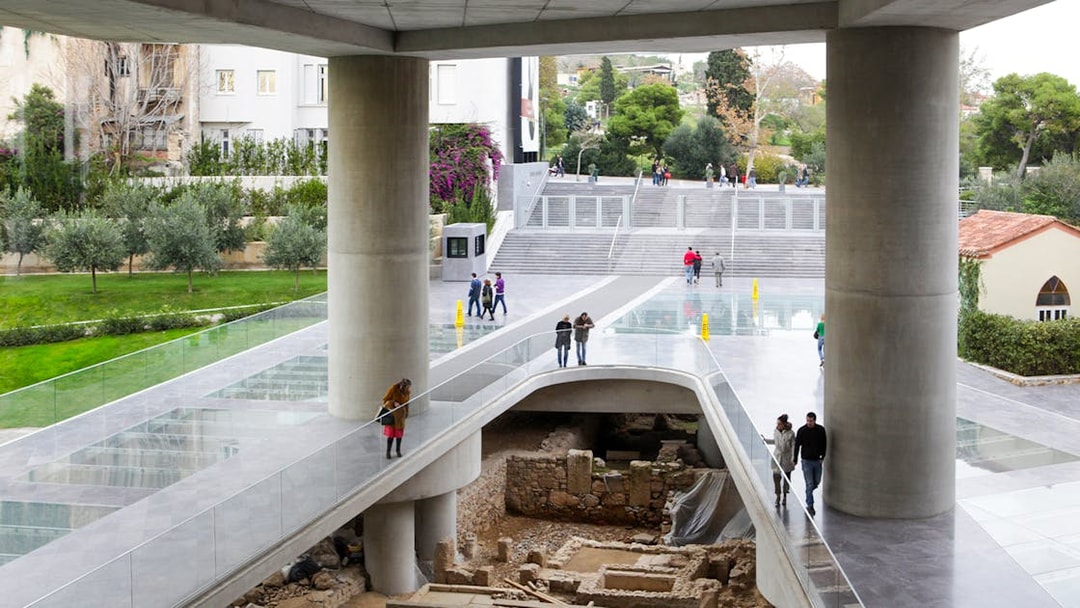Excavation site beneath glass walkway at the Acropolis Museum, Athens.