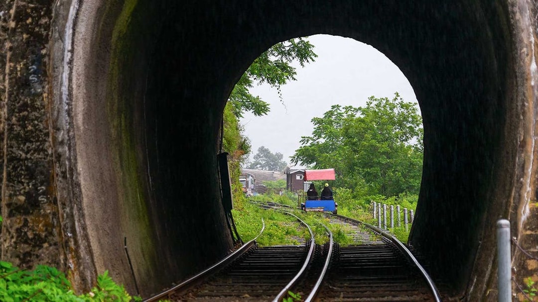 Rail bike exiting tunnel at Gangchon Rail Park, South Korea, surrounded by lush greenery.