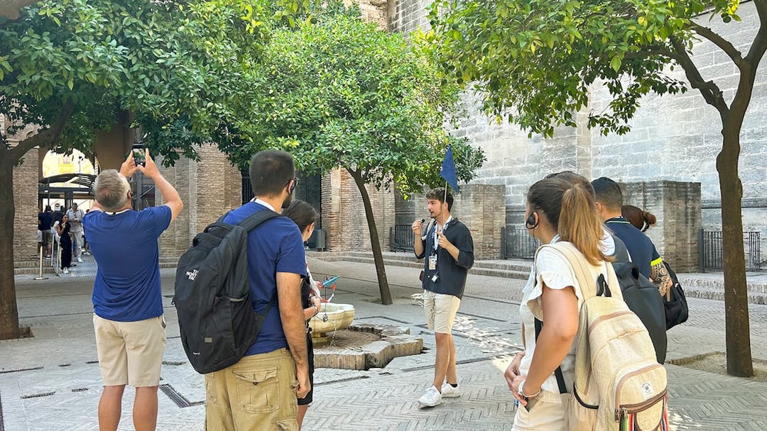 Tour group listening to a guide at Alcázar, Seville Cathedral and La Giralda.