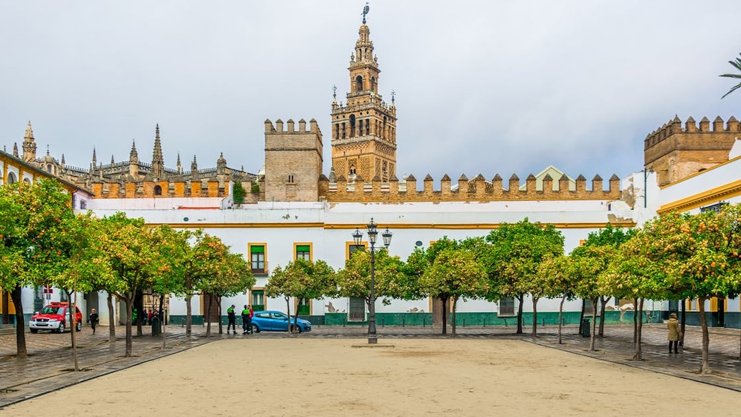 La Giralda tower with courtyard and orange trees in Seville, Spain.