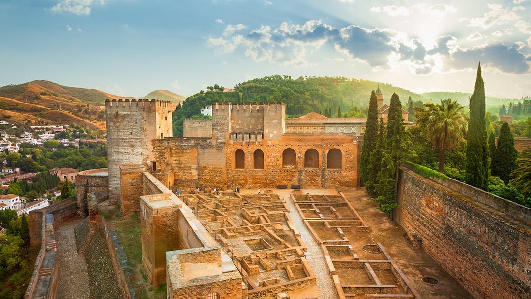Alhambra fortress and gardens in Granada, Spain, viewed during a day trip from Seville.