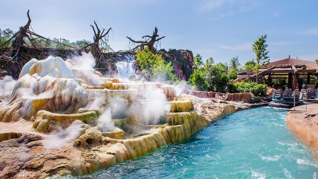 Steaming rock formations and water ride at Shanghai Disney.