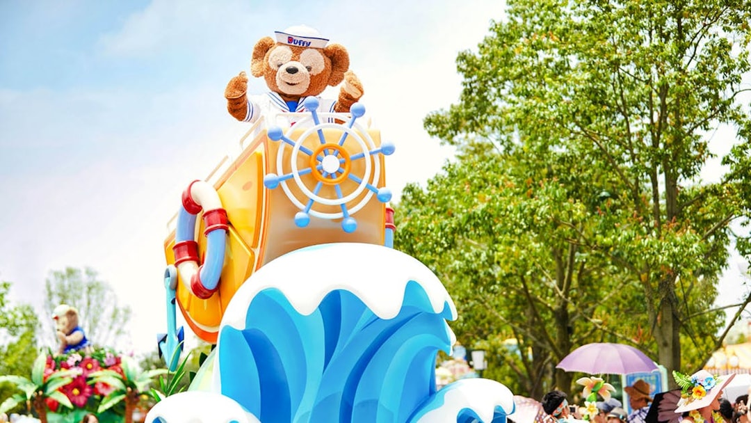Duffy bear on a parade float with nautical theme at Shanghai Disneyland.