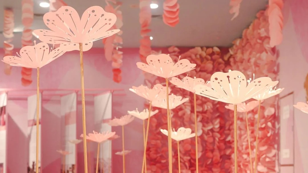 Pink paper flower art installation inside Shanghai Tower.